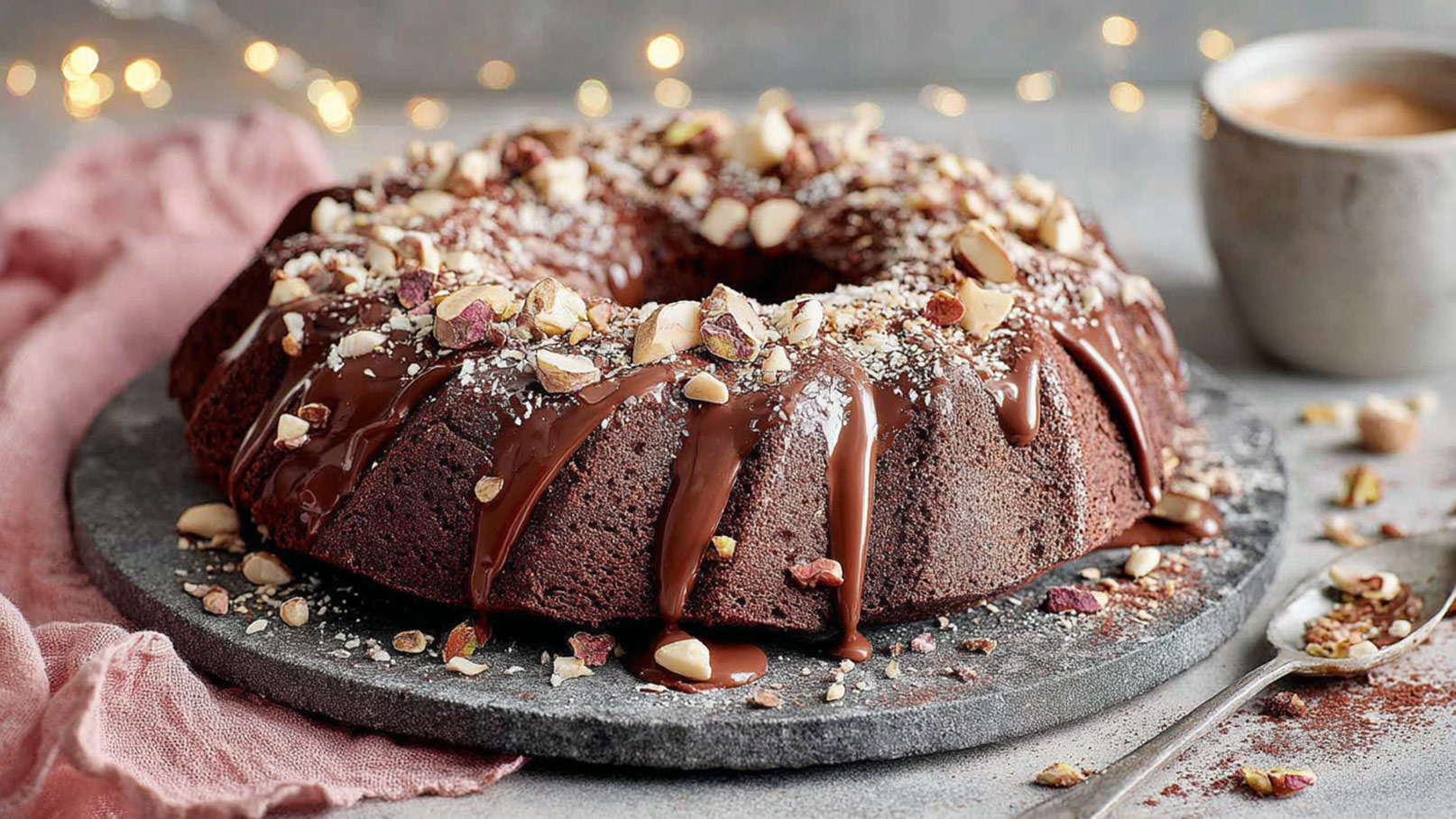 Ein runder Schokoladenkuchen liegt auf einem grauen Teller. Die Oberfläche ist mit schmelzender Schokolade überzogen und mit gehackten Nüssen sowie Kokosraspeln dekoriert. Ein heller Stoff liegt neben dem Kuchen. Im Hintergrund sind Lichtpunkte sichtbar, die eine festliche Atmosphäre schaffen.
