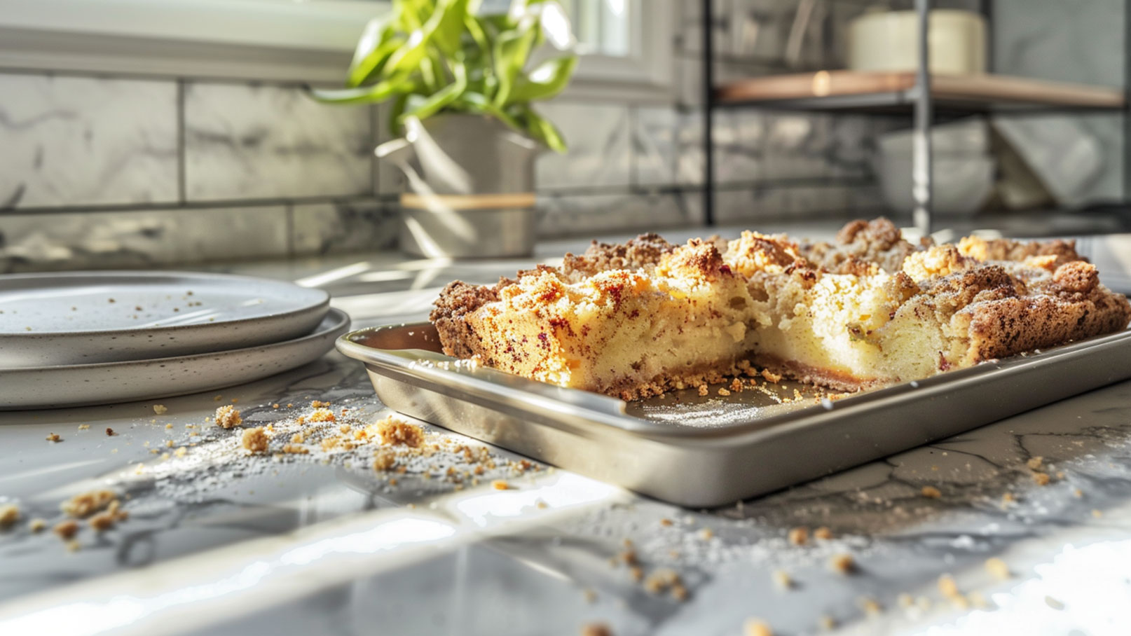 Ein Stück Kuchen mit Streuseln liegt auf einem Metallblech. Krümel sind um das Blech verstreut, und im Hintergrund sind einige leere Teller zu sehen. Das Licht fällt sanft auf die Szene, die eine gemütliche Küchenatmosphäre vermittelt.