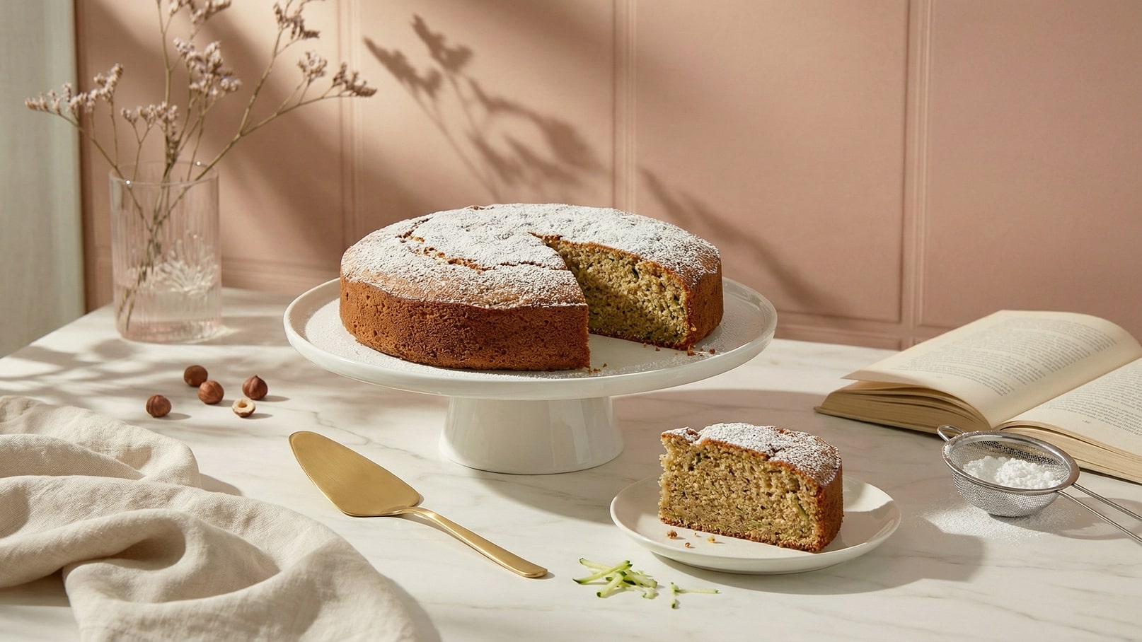 Auf einem weißen Teller steht ein runder, mit Puderzucker bestäubter Kuchen. Ein Stück des Kuchens wurde herausgeschnitten und auf einem kleineren Teller serviert. Daneben liegt ein goldener Servierlöffel und im Hintergrund ist ein offenstehendes Buch zu sehen.