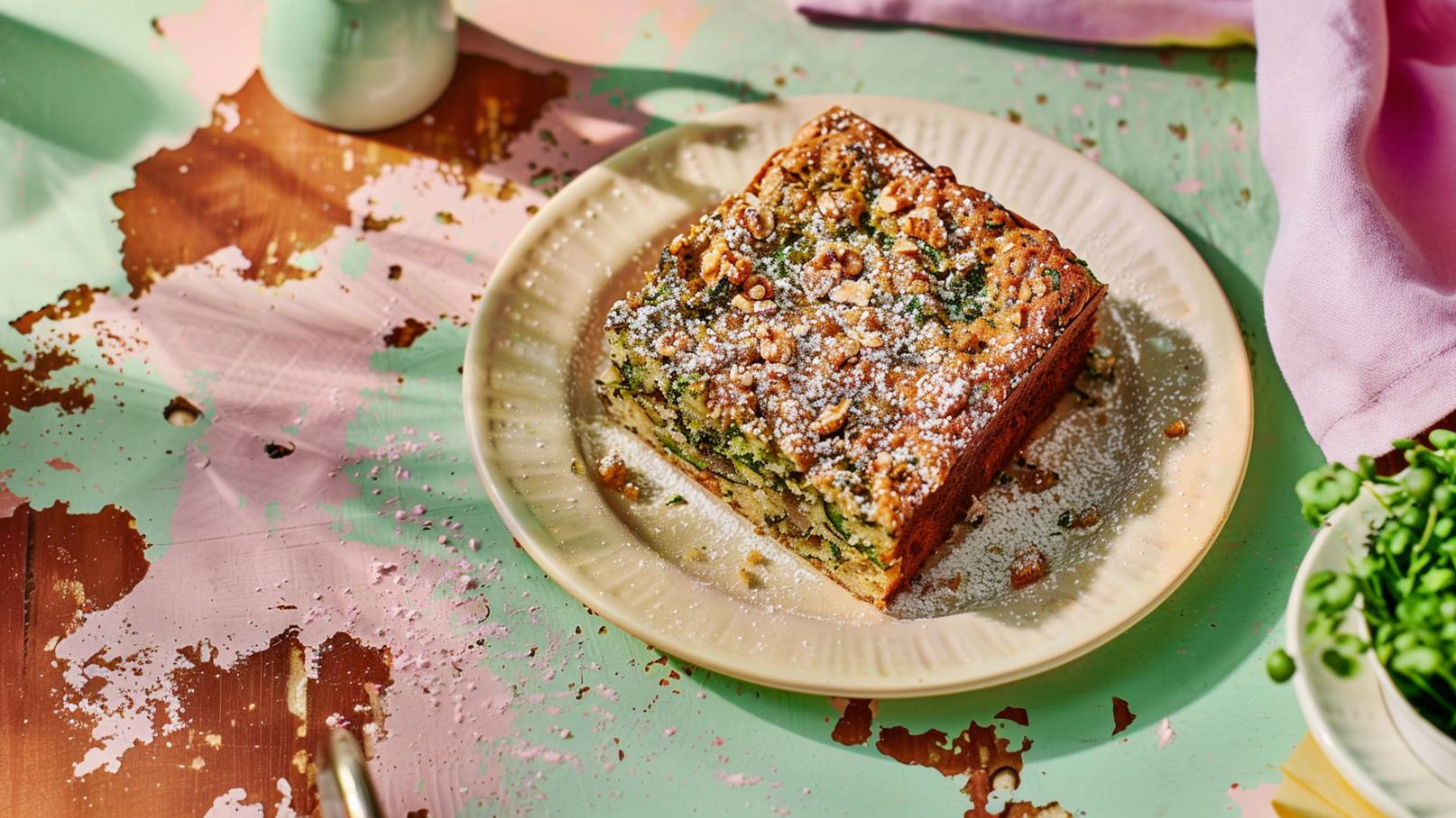 Ein Stück Kuchen liegt auf einem hellen Teller. Der Kuchen hat eine goldbraune Oberfläche mit Haferflocken und Puderzucker. Im Hintergrund ist eine grün-rosa Tischplatte zu sehen, die Flecken aufweist. Einige frische Kräuter sind ebenfalls zu erkennen.