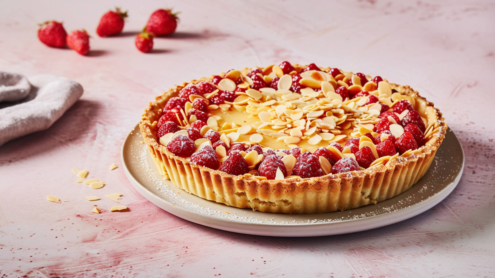Ein saftiger Erdbeerkuchen auf einem Teller, umrandet mit frischen Erdbeeren und gehobelten Mandeln. Die Oberseite ist mit einer cremigen Füllung und einer leichten Puderzucker-Schicht versehen. Im Hintergrund sind weitere Erdbeeren sichtbar.