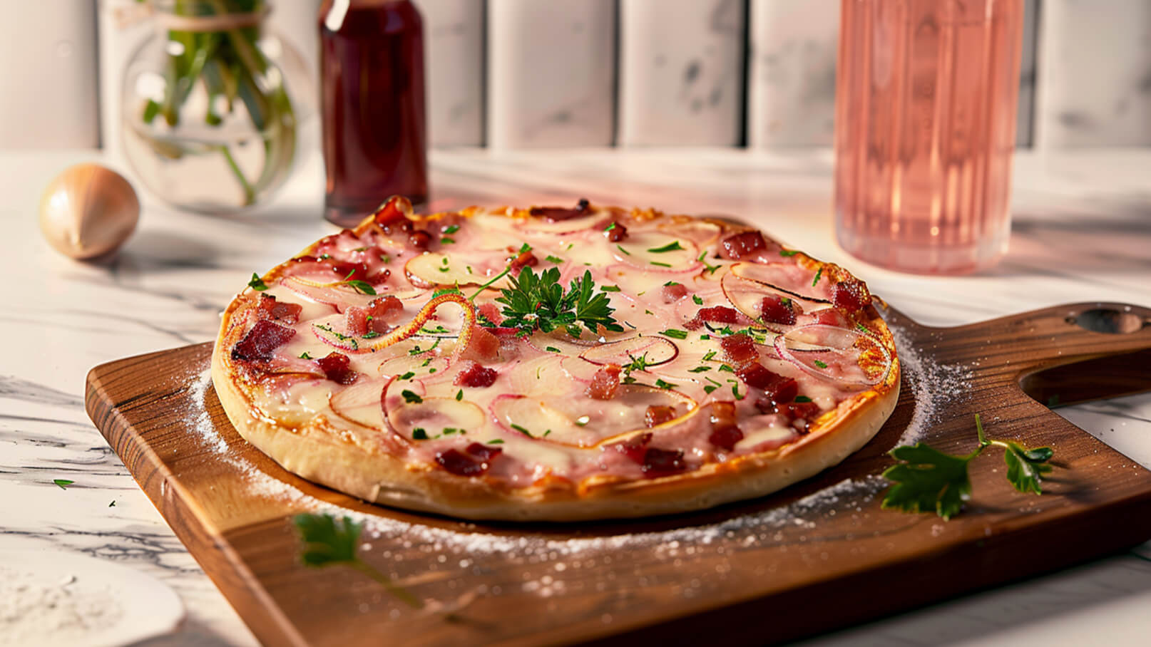 Ein runder Pizzaboden liegt auf einem Holzbrett. Die Pizza ist belegt mit Käse, Schinken, Zwiebeln und grüner Petersilie. Umgeben von einem Glas Getränk und einer Zwiebel im Hintergrund, wirkt das Bild appetitlich und einladend.