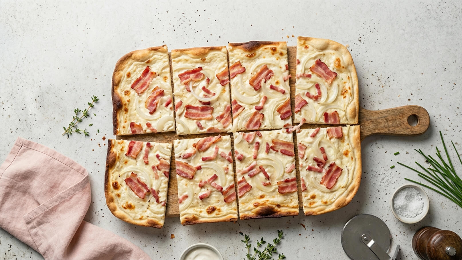 Ein ovaler, rechteckiger Flammkuchen ist in gleich große Stücke geschnitten. Der Belag besteht aus einer cremigen Schicht, Speckstreifen und Zwiebelringen. Der Kuchen liegt auf einem Holzbrett, umgeben von Küchenutensilien wie einem Pizzaschneider und Gewürzen.