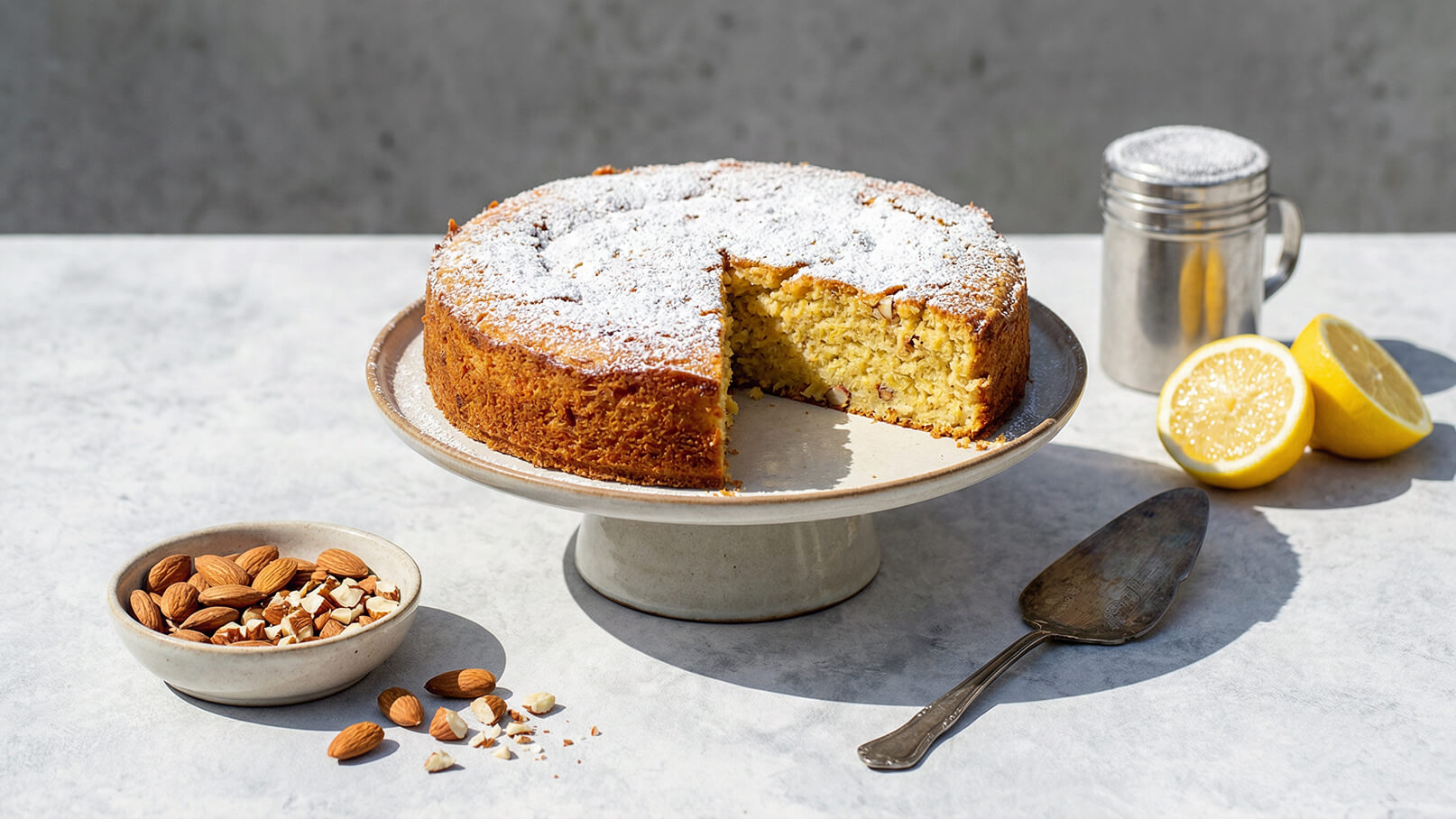 Ein runder, gefrosteter Kuchen mit einer Portion herausgeschnitten. Der Kuchen steht auf einem Teller und ist mit Puderzucker bestäubt. Neben dem Kuchen liegen eine Schale mit Mandeln, eine Zuckerdose und zwei halbe Zitronen.