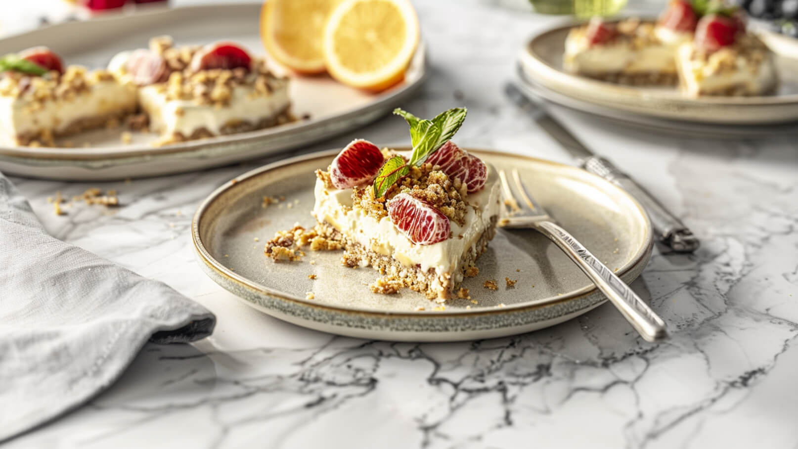 Eine appetitliche Käsetorte auf einem Teller, dekoriert mit halbierten Erdbeeren und frischer Minze. Zerkleinerte Kekse liegen auf der Torte. Im Hintergrund sind weitere Stücke Käsetorte und eine halbe Orange sichtbar, auf einer marmorähnlichen Oberfläche.