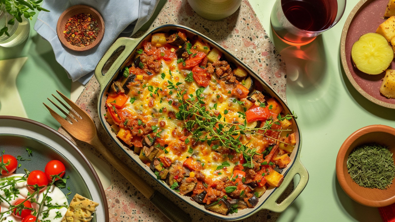 Ein Auflauf aus buntem Gemüse, Hackfleisch und geschmolzenem Käse, garniert mit frischen Kräutern. Daneben befinden sich eine Schüssel mit Kirschtomaten, eine Portion Joghurt mit Crackern und ein kleines Schälchen mit getrockneten Kräutern. Ein Glas Wein rundet das Bild ab.