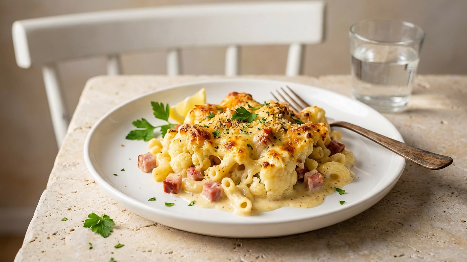 Ein Teller Pasta mit Blumenkohl und Schinken, überbacken mit Käse, garniert mit frischer Petersilie. Neben dem Teller liegt eine Gabel und ein Glas Wasser steht in der Nähe.