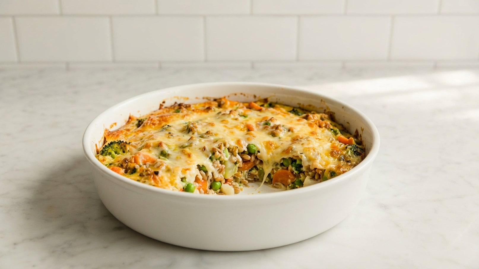 Ein ovaler Auflauf aus Gemüse, darunter Brokkoli, Karotten und Erbsen, ist in einer weißen Auflaufform zu sehen. Der Auflauf ist mit geschmolzenem Käse überbacken und sieht golden-braun aus. Der Hintergrund ist aus hellem Marmor.