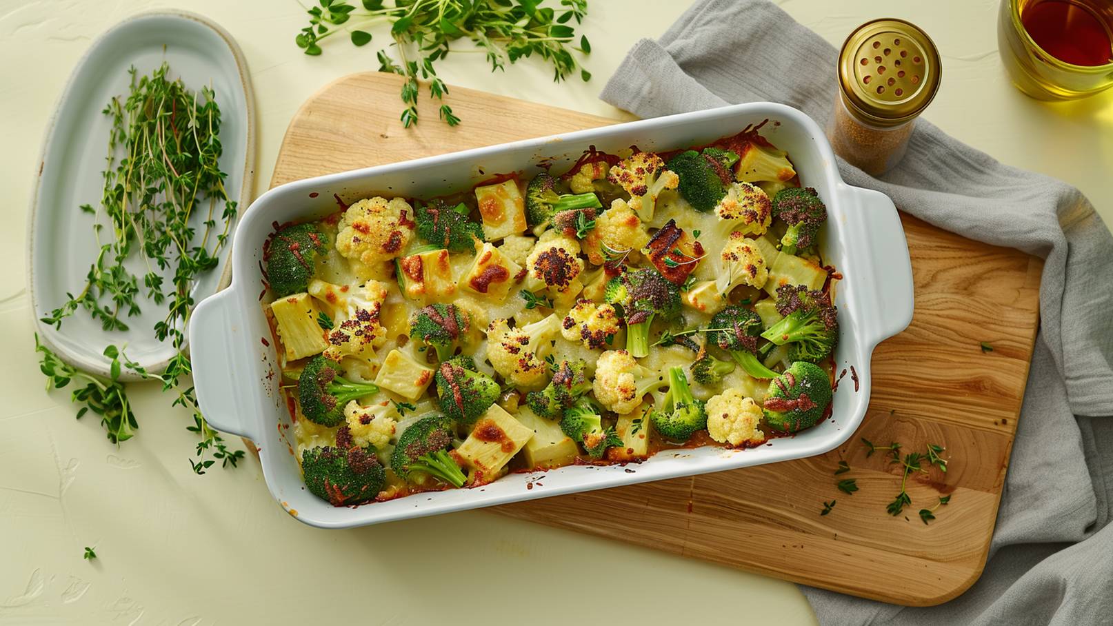 Ein Auflauf aus Brokkoli und Blumenkohl mit Käse und Gewürzen, schön knusprig gebacken. Der Auflauf ist in einer weißen Form serviert, umgeben von frischen Kräutern und einem Holzbrett. Das Gericht strahlt einen leckeren und einladenden Eindruck aus.
