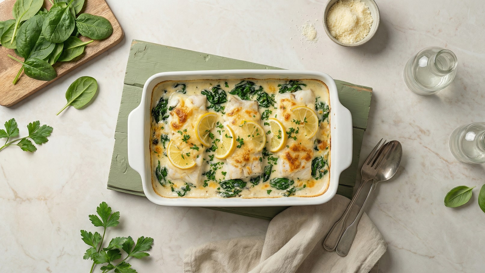 Ein Auflauf mit Fischfilets, umgeben von Spinat und einer cremigen Sauce. Die Oberfläche ist mit Käse überbacken und mit Zitronenscheiben und frischen Kräutern garniert. Daneben liegen einige frische Spinatblätter und Petersilienzweige.