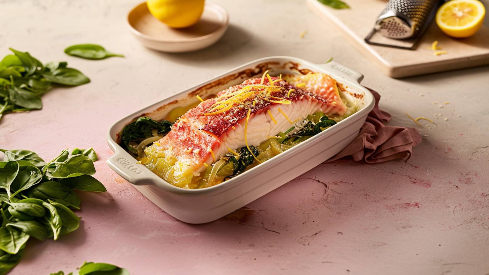 Ein gebratener Fischfilet, garniert mit Zitronenschalen, liegt auf einem Bett aus Blattspinat und Gemüsen in einer weißen Auflaufform. Im Hintergrund sind frische Kräuter und eine halbe Zitrone sichtbar, was auf eine frische Zubereitung hinweist.