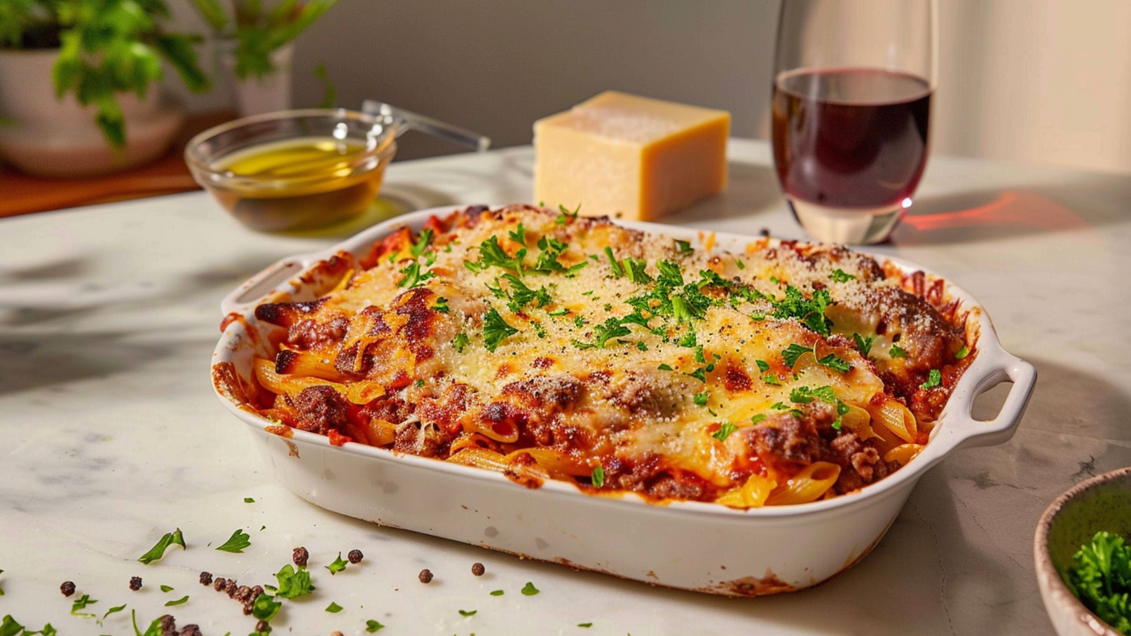 Ein gebackenes Pastagericht in einer weißen Auflaufform, überbacken mit Käse und gehackter Petersilie. Daneben sind ein Glas Rotwein, ein Stück Käse und eine Schale mit Olivenöl sichtbar. Das Gericht wirkt herzhaft und appetitlich.