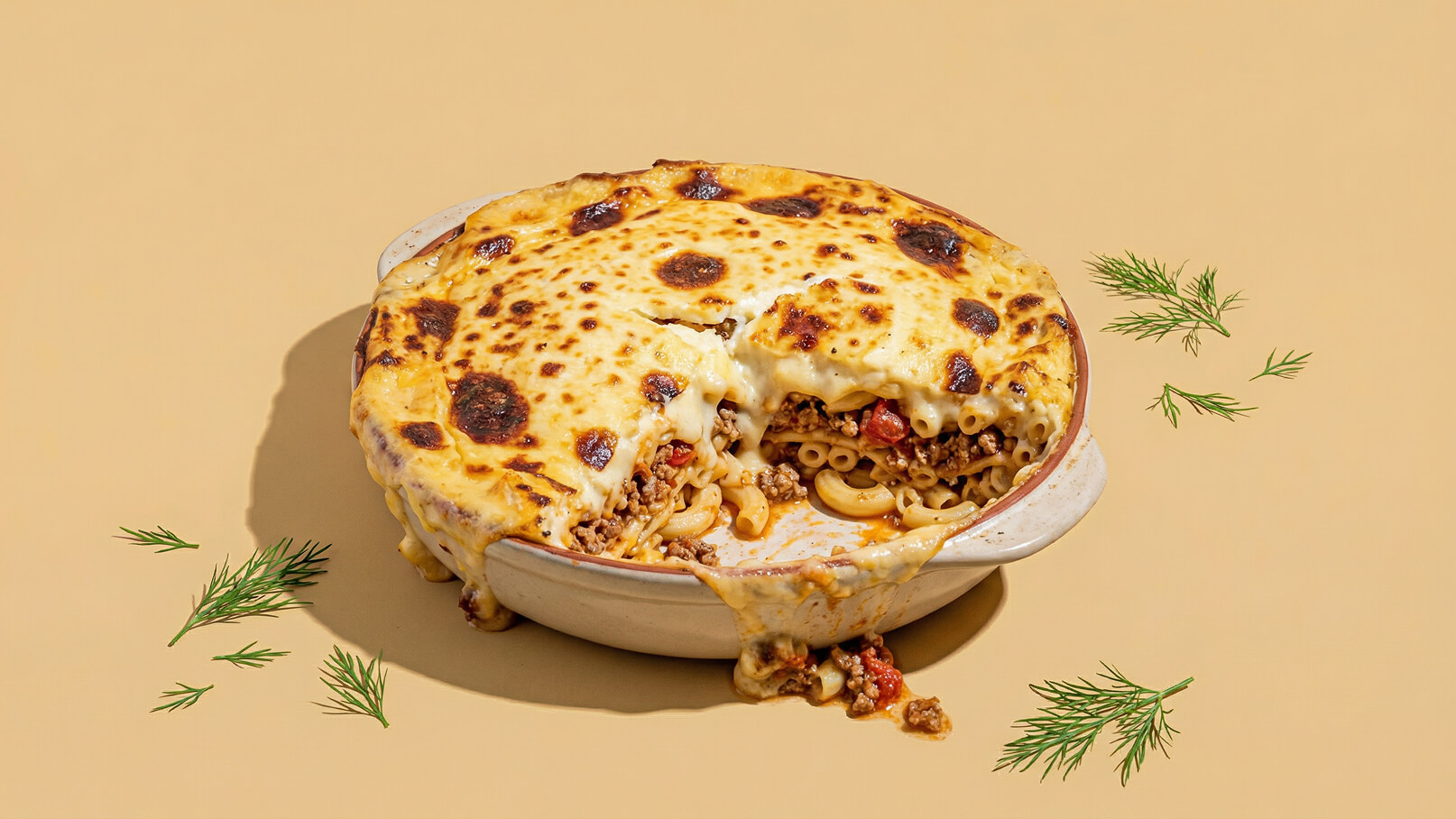 Ein tiefes Gericht mit überbackenen Makkaroni, Hackfleisch und einer goldbraunen Käseschicht. Der Käse ist geschmolzen und teilweise leicht angebräunt. Einige Makkaroni sind sichtbar und der Inhalt wird von einer Kantenkontur gehalten. Der Hintergrund ist hellbeige.