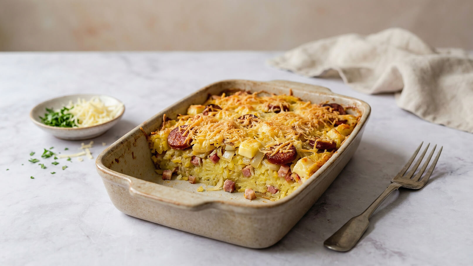 Ein Auflauf aus Kartoffeln, Wurst und Käse, der goldbraun überbacken ist. Daneben ein kleiner Teller mit frischer Petersilie und geriebenem Käse. Im Hintergrund liegt ein graues Tuch. Der Auflauf wird in einer rechteckigen Keramikform serviert.