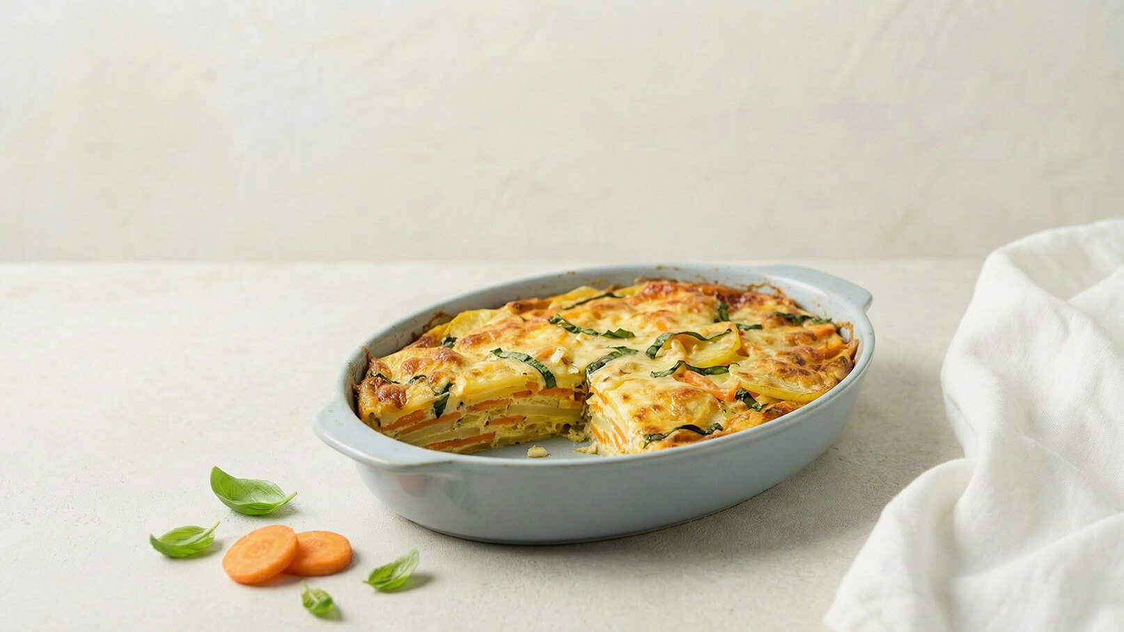 Ein Auflauf in einer blauen Form, gefüllt mit geschichteten Zucchini und Karotten, überbacken mit Käse. Einige frische Basilikumblätter und Karottenscheiben liegen daneben. Der Auflauf hat eine goldbraune Oberfläche und sieht appetitlich aus.