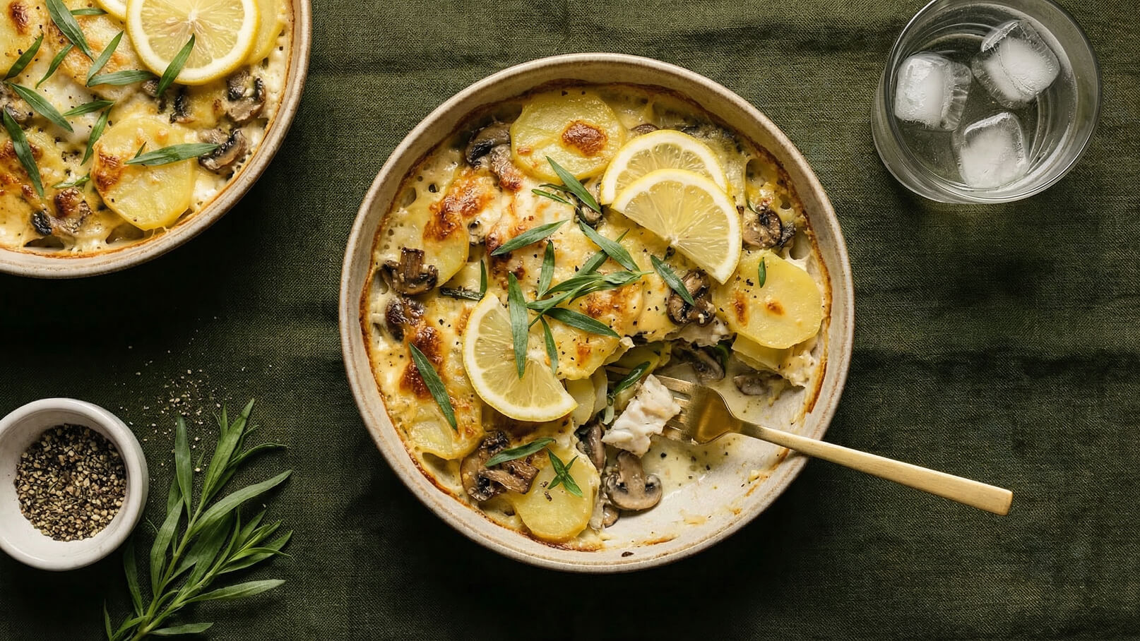 Ein Teller mit einer Kartoffel-Lachs-Auflauf, garniert mit Zitronenscheiben und frischen Kräutern. Der Auflauf ist goldbraun gebacken und enthält auch Champignons. Neben dem Teller befindet sich ein Glas mit Eiswasser. Der Hintergrund ist dunkelgrün.
