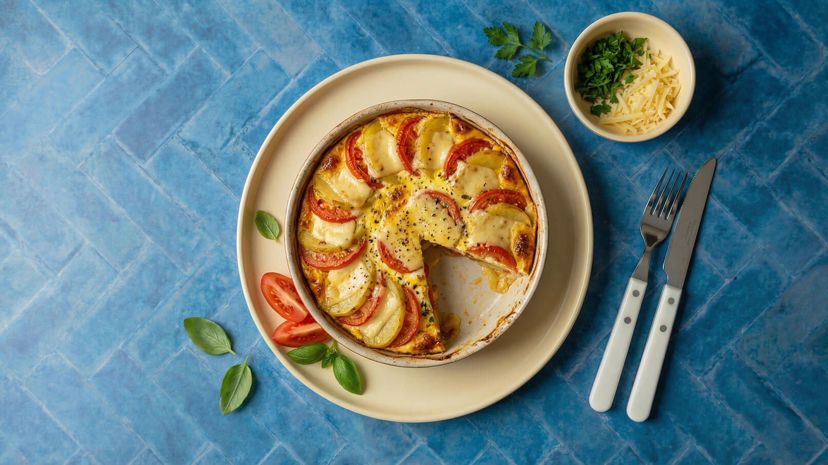 Ein runder Auflauf mit geschichteten Kartoffeln und Tomaten ist in einer keramischen Form. Ein Stück wurde herausgenommen. Daneben liegen frische Tomatenscheiben, ein paar Blätter Basilikum und ein kleiner Schalen mit gehacktemKoriander und geriebenem Käse. Der Hintergrund ist blau.