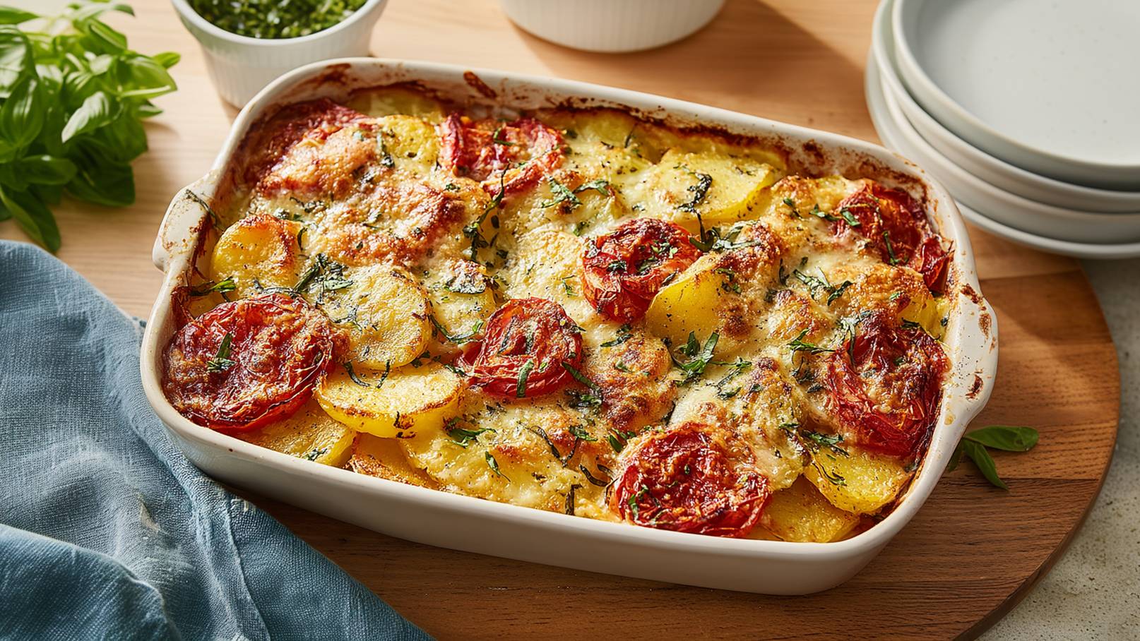 Auf dem Bild ist eine grüne Auflaufform zu sehen, gefüllt mit einem appetitlichen Kartoffel-Tomaten-Auflauf. Hinter der Auflaufform liegt ein grün kariertes Tuch, das dem Bild eine gemütliche und rustikale Note verleiht. Der braune, holzige Untergrund bildet einen warmen Kontrast zu den frischen Zutaten des Auflaufs. Die Farben der Tomaten und Kartoffeln kommen in der grünen Form besonders gut zur Geltung. 