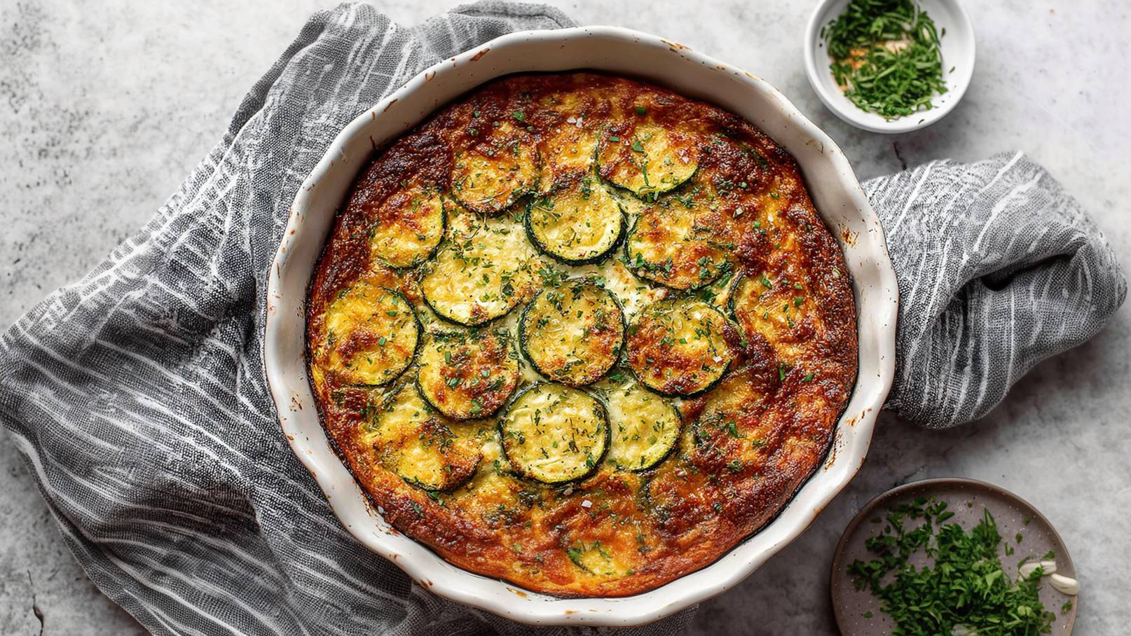 Auf dem Bild ist eine reichhaltige Auflaufform zu sehen, gefüllt mit einem köstlichen, hausgemachten Zucchini-Auflauf. Die Oberfläche des Auflaufs ist goldbraun und sieht verlockend aus. Ringsherum sind Eier, frische Kräuter und Besteck zu erkennen, die auf den Genuss des Auflaufs hinweisen. Der Hintergrund ist schwarz, was dem Gericht eine elegante Präsentation verleiht und die Farben der Zutaten hervorhebt. Die Szene strahlt Wärme und Behaglichkeit aus und weckt den Appetit auf eine köstliche Mahlzeit.