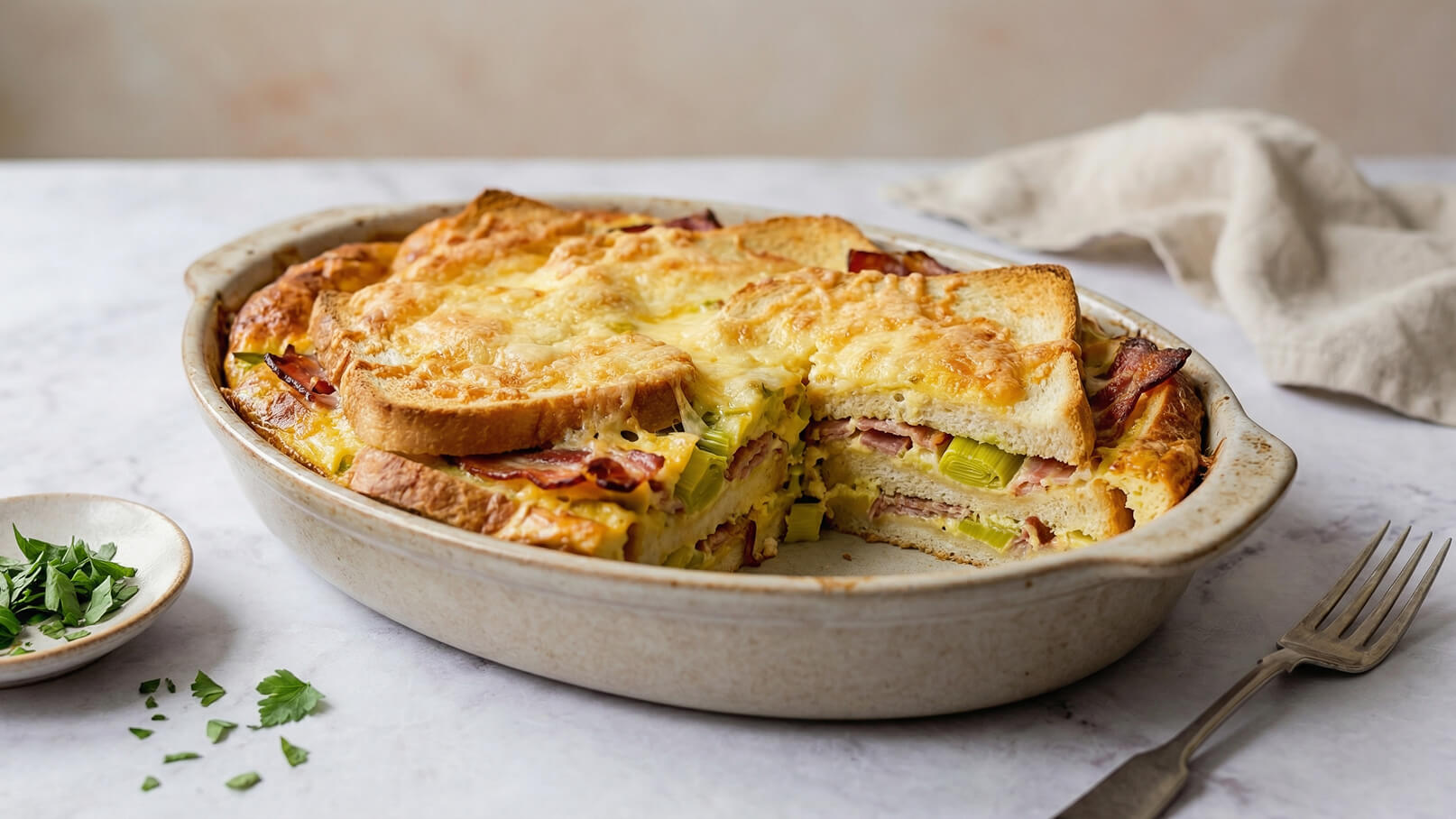 Eine Auflaufform mit einer goldbraunen, überbackenen Schicht aus Brot, Schinken und Lauch. Ein Stück wurde herausgenommen, sodass die geschichteten Füllungen sichtbar sind. Daneben ein kleiner Teller mit frischer, gehackter Petersilie.