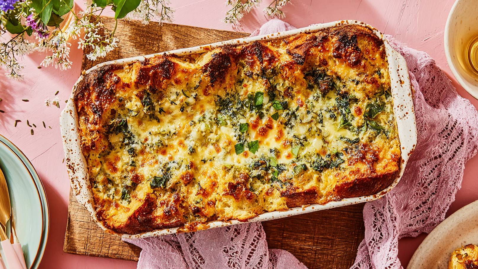 Auf dem Bild ist eine Auflaufform mit einem würzigen Brotauflauf und Wurststücken zu sehen. Auf der Auflaufform liegt ein Holzlöffel mit einem schwarzen Griff. Die geschmackvolle Kombination aus herzhaftem Brot, würzigen Aromen und Wurststücken macht Lust auf eine köstliche Mahlzeit. Die Präsentation mit dem Holzlöffel verleiht dem Bild eine rustikale und einladende Note.