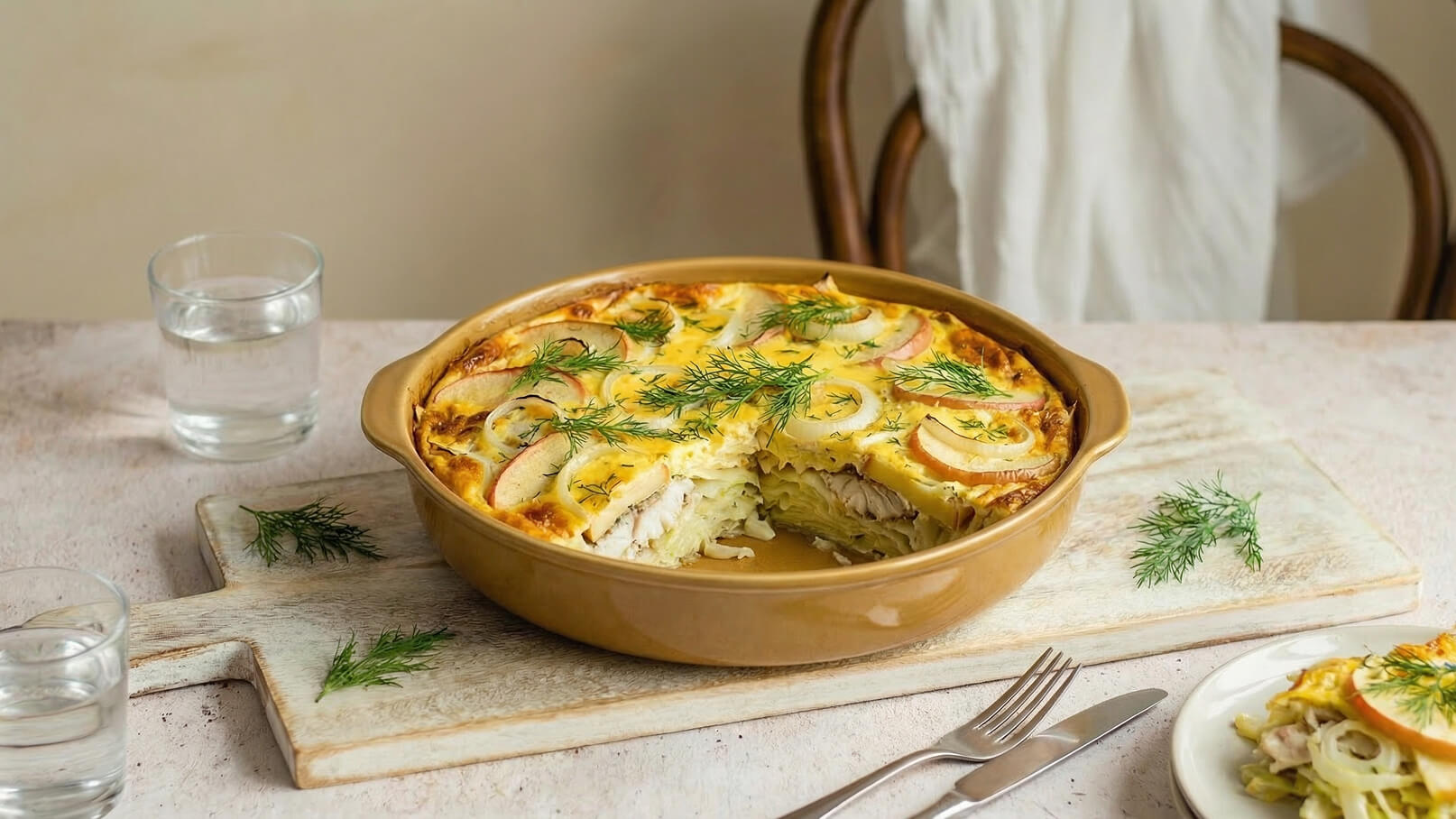 Ein rundes Gericht mit einem Auflauf, gefüllt mit Gemüse und Hähnchen, ist auf einem Holzbrett platziert. Einige Scheiben Äpfel und frischer Dill sind auf der Oberfläche sichtbar. Daneben steht ein Teller mit einer Portion des Auflaufs und zwei Gläser Wasser.