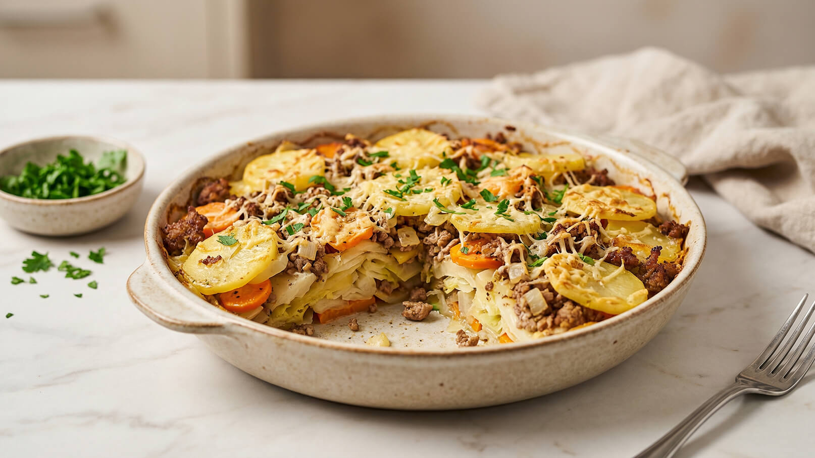 Ein Auflauf aus geschichteten Kartoffeln, Hackfleisch und Gemüse. Oben mit geschmolzenem Käse und frischem Grün garniert, wirkt er herzhaft und appetitlich. Neben dem Auflauf sieht man eine kleine Schüssel mit gehacktem Grün.