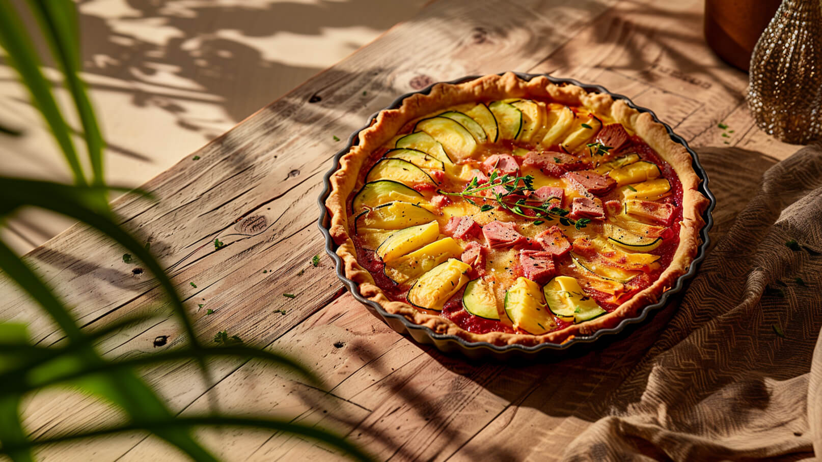 Ein frisch gebackener Kuchen liegt auf einem Holztisch. Der Kuchen hat einen Rand aus Blätterteig und ist mit Zucchini, Ananasstücken und Schinken belegt, garniert mit frischem Thymian. Die Farben sind lebendig und der Kuchen strahlt Wärme aus.