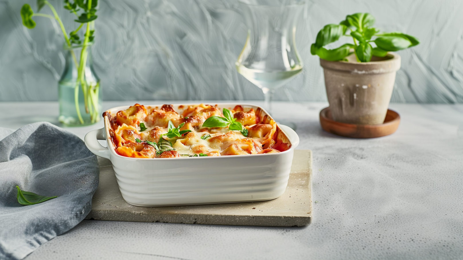 Das Bild zeigt eine Auflaufform, gefüllt mit einem köstlichen Tortelloni-Auflauf, der mit Gewürzen und Käse bestreut ist. Die Form steht auf einem rot karierten Tuch, das einen rustikalen und gemütlichen Eindruck vermittelt. Der Untergrund hat eine Holzoptik, was dem Gesamtbild eine natürliche Note verleiht. Im oberen Eck des Bildes befindet sich ein Teller, auf dem eine Portion des Tortelloni-Auflaufs serviert ist. Die Kombination aus dem saftigen Tortelloni, den Gewürzen und dem geschmolzenen Käse ist ein wahrer Gaumenschmaus.