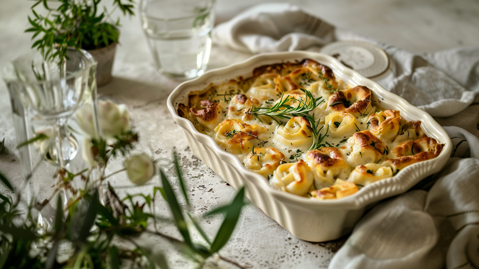 Auf dem Bild befindet sich eine köstlich aussehende Auflaufform mit einem Tortellini Auflauf. Der Auflauf ist mit geschmolzenem Käse überbacken und dampft verführerisch. Die Auflaufform steht auf einem rustikalen Holzbrett, was eine gemütliche und rustikale Atmosphäre vermittelt. Neben der Auflaufform liegt ein frischer Lauch, der als Dekoration dient und die Frische des Gerichts unterstreicht. 