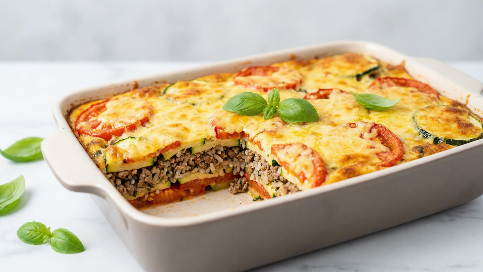 Ein Auflauf in einer beigefarbenen Auflaufform, gefüllt mit geschichtetem Hackfleisch, Tomaten und Zucchini. Die Oberfläche ist goldgelb und knusprig, garniert mit frischem Basilikum. Ein Stück wurde herausgenommen, sodass die Schichten sichtbar sind.