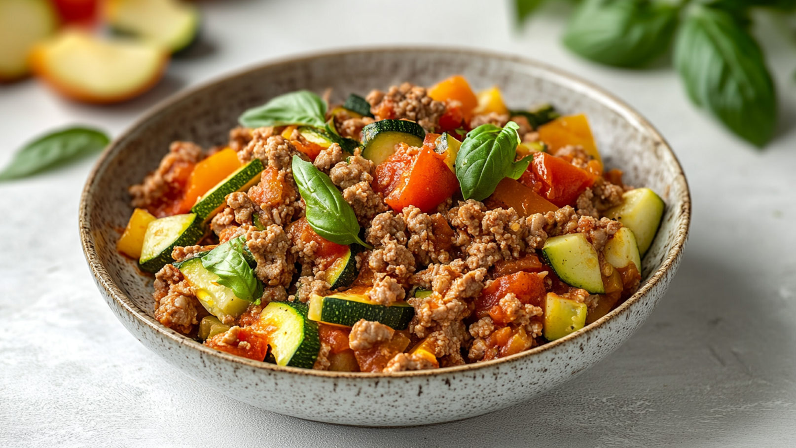 Auf dem Bild steht eine schwarze Auflaufform gefüllt mit Tomaten-Zucchini-Auflauf auf einem Holztisch. Neben der Form liegt ein grünes Tuch und Schüsseln mit Gewürzen. Die rustikale Präsentation vermittelt ein naturnahes und geschmackvolles Ambiente für dieses köstliche Gericht. Ideal für Liebhaber von vegetarischer Küche.
