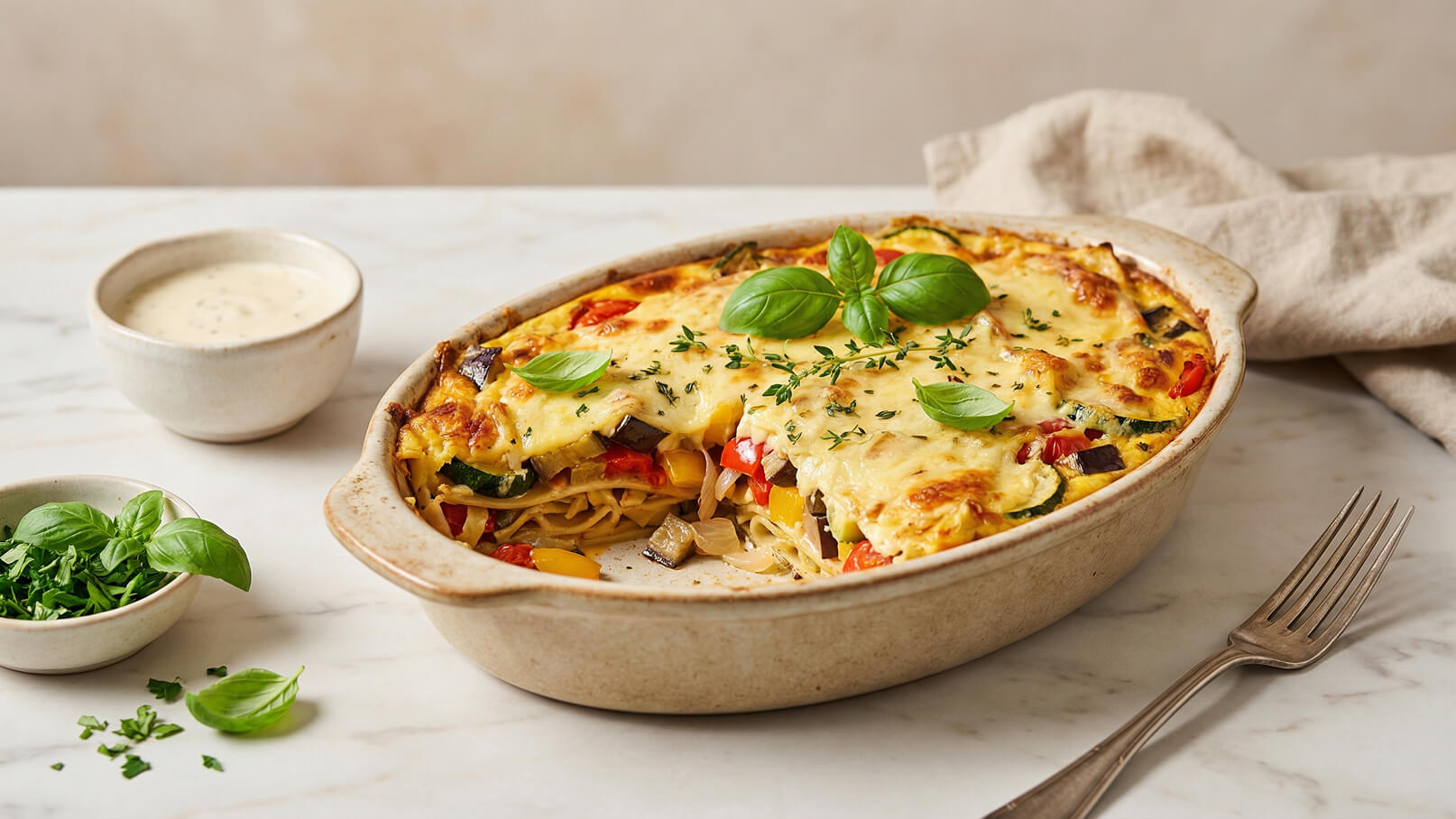 Ein helles, gebackenes Nudelgericht in einer Auflaufform, garniert mit frischem Basilikum und Kräutern. Neben der Form stehen eine Schale mit einer cremigen Sauce und eine kleine Schale mit gehackten frischen Kräutern. Der Hintergrund ist neutral und harmonisch.