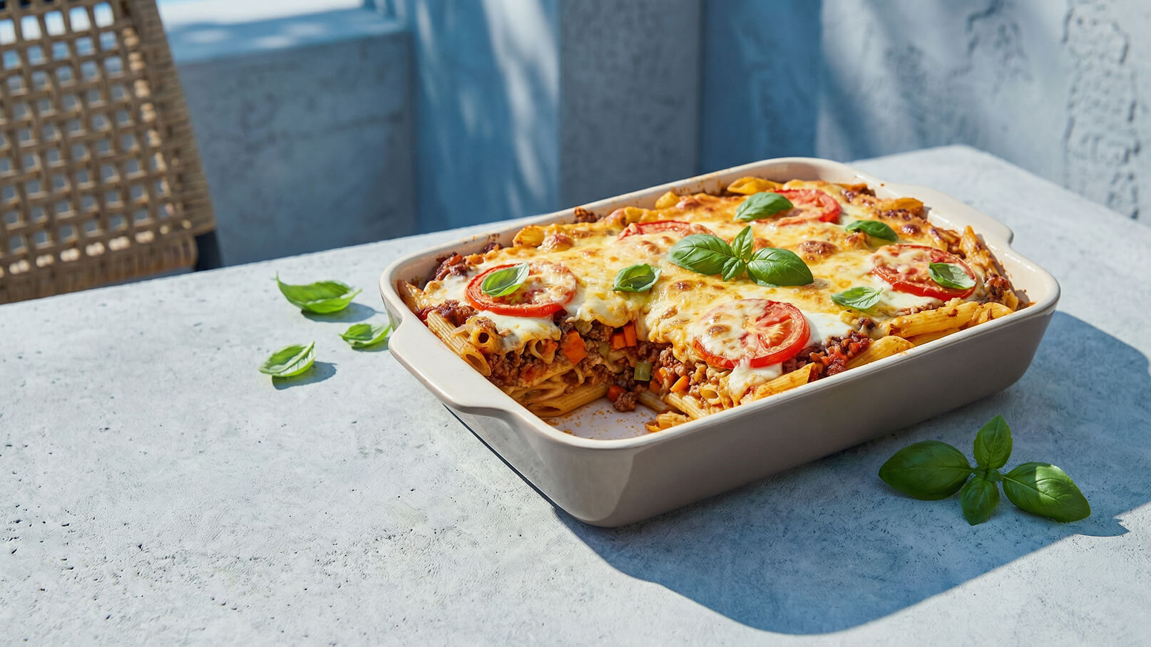 Ein beigefarbenes Auflaufform mit einer Portion Lasagne, die aus Röhrennudeln, Hackfleisch, Tomaten und geschmolzenem Käse besteht. Frische Basilikumblätter dekorieren die Oberfläche. Die Lasagne ist auf einem hellen Tisch platziert, umgeben von ein paar Basilikumblättern.