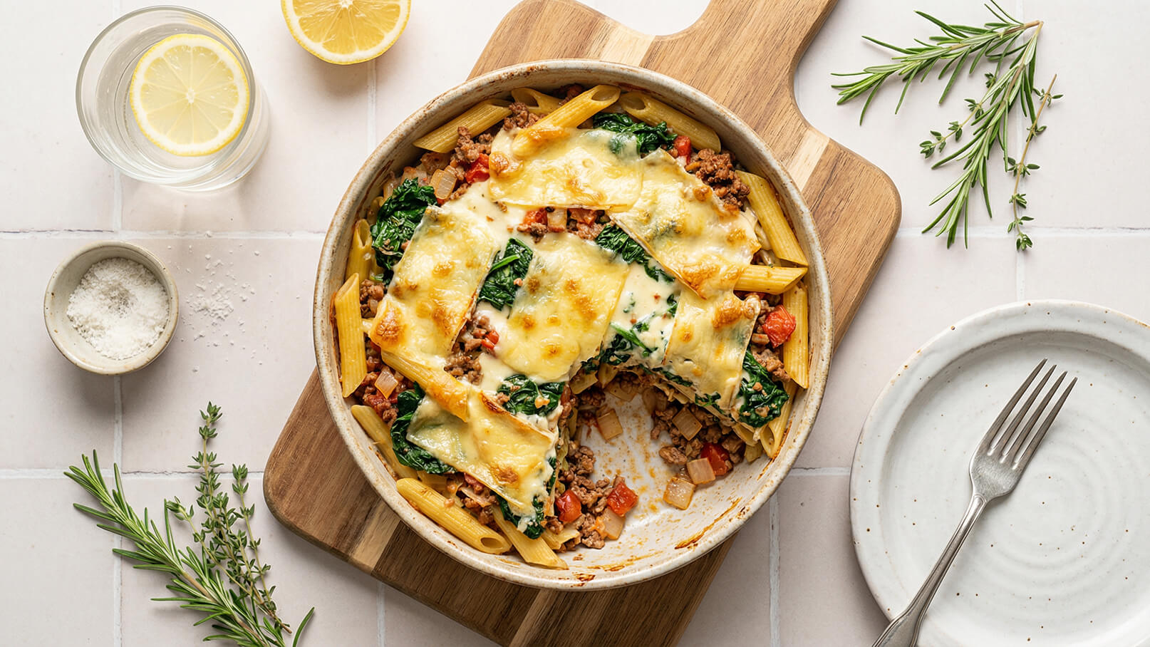 Eine Auflaufform mit gebackenem Nudelgericht, das mit Hackfleisch, Spinat und geschmolzenem Käse belegt ist. Daneben liegen frische Kräuter und ein Glas Wasser mit einer Zitronenscheibe. Ein leeres Teller mit einer Gabel befindet sich im Bild.