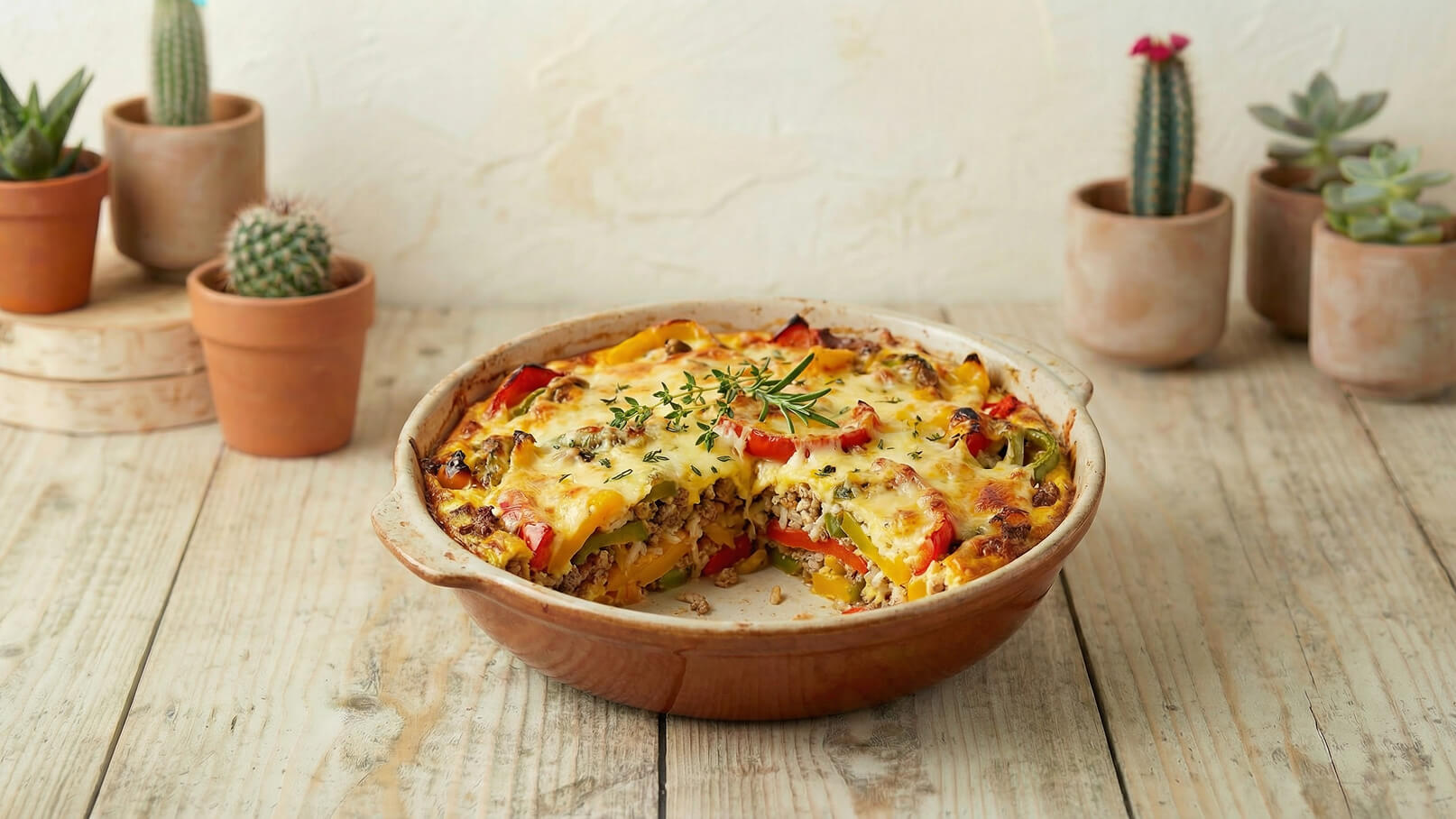 Eine tiefen Teller mit einem gebackenen Gericht aus buntem Gemüse, Hackfleisch und geschmolzenem Käse. Das Gericht hat eine goldene Oberseite und ist mit frischem Thymian garniert. Im Hintergrund sind einige Töpfe mit Sukkulenten und Kakteen zu sehen.