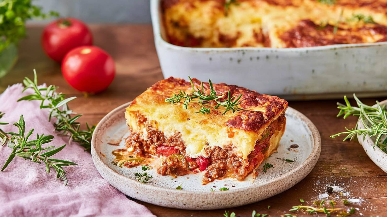 Auf dem Bild ist ein großer grüner Topf zu sehen, randvoll gefüllt mit einem köstlichen Paprikaauflauf. Die leuchtend roten Paprikastücke und andere Zutaten sind harmonisch in einer cremigen Sauce vereint und dampfen verführerisch aus dem Topf. Der Hinter- und Untergrund des Bildes sind schwarz, was die kräftigen Farben des Paprikaauflaufs hervorhebt und ihm einen starken visuellen Kontrast verleiht.