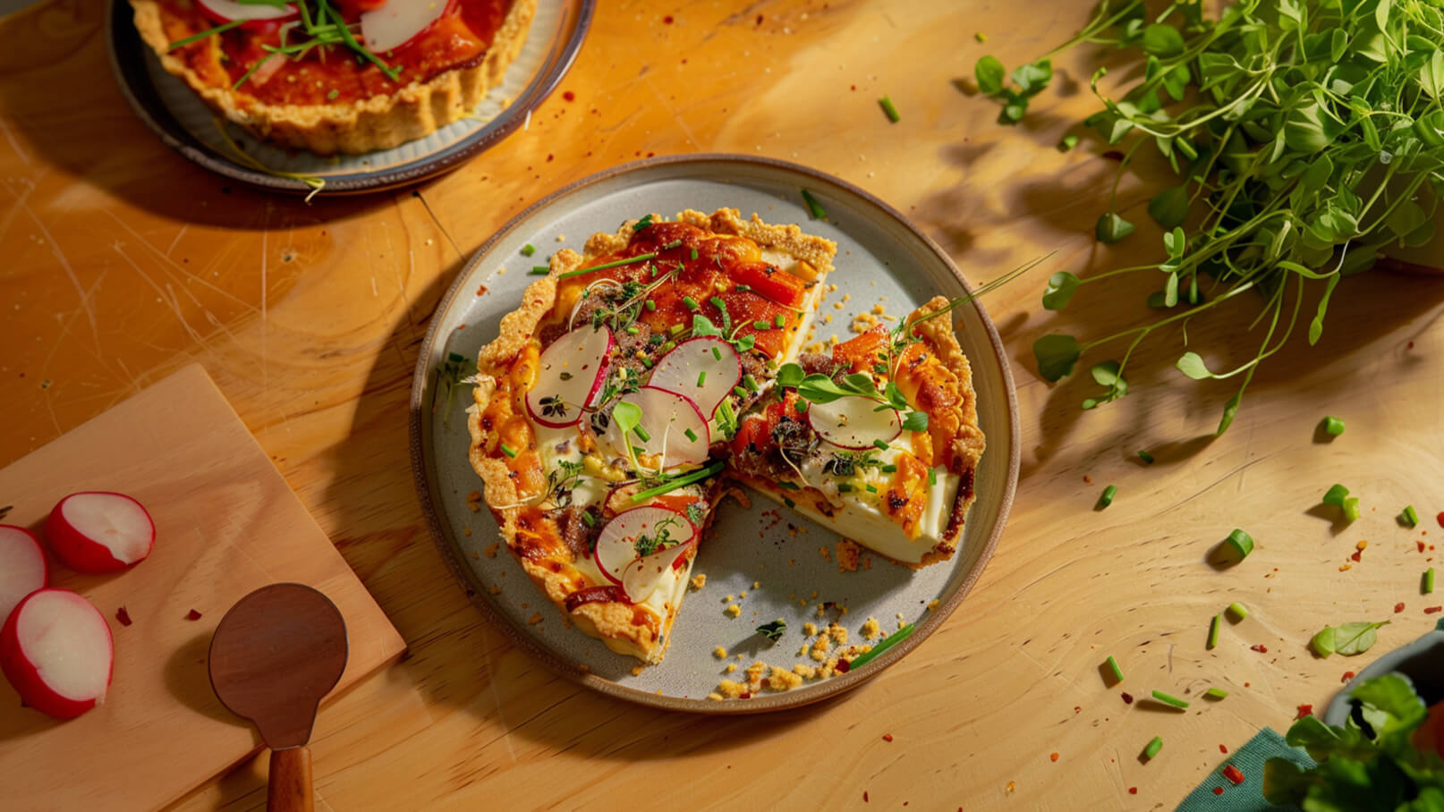 Ein auf einem grauen Teller angerichteter Quiche mit einer goldbraunen Kruste, belegt mit buntem Gemüse, Radieschen und frischen Kräutern. Ein Stück wurde herausgenommen. Im Hintergrund sind Radieschen und ein Holzlöffel zu sehen, dazu frische Kräuter.