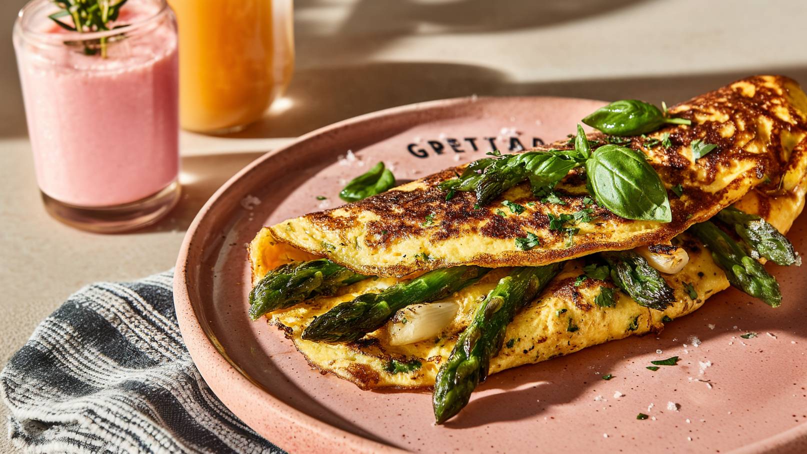 Auf dem Bild ist ein Teller mit einer Omelette, gefüllt mit grünen Spargel und garniert mit frischem Basilikum. Die Omelette hat eine goldbraune Farbe und liegt auf einem pinken Teller. Im Hintergrund sind zwei Getränke zu sehen, ein pinker Smoothie und ein orangefarbener Saft.
