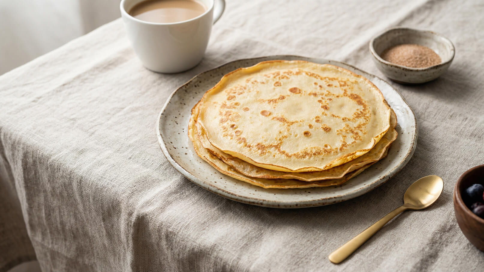 Ein Teller mit mehreren goldbraunen Pfannkuchen liegt auf einem Tisch, der mit einem hellen Tuch bedeckt ist. Daneben steht eine Tasse Kaffee und eine kleine Schüssel mit Zucker. Ein goldener Löffel liegt ebenfalls auf dem Tisch.