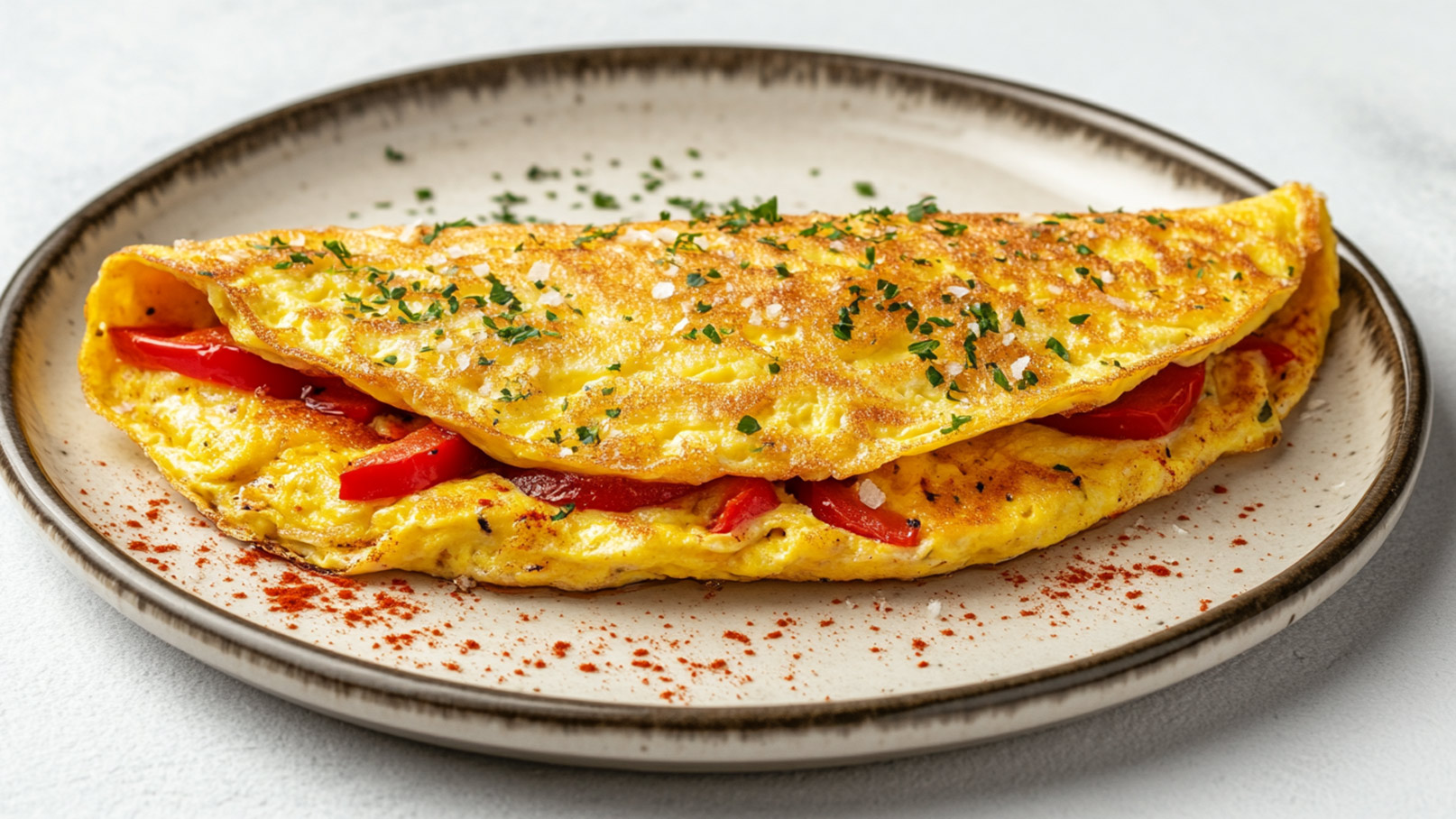 Auf dem Bild ist eine Pfanne zu sehen, randvoll gefüllt mit einem herrlich duftenden Frühlingsomelett mit Pfefferkäse. Das Omelett ist goldbraun gebraten und saftig gefüllt mit frischen Frühlingsgemüsen und aromatischem Käse. Die Pfanne steht auf einem rustikalen Holzbrett, das die hausgemachte und herzhafte Note des Gerichts unterstreicht. Im Hintergrund sind eine Eierschale, ein Stück Butter und frischer Schnittlauch zu sehen.