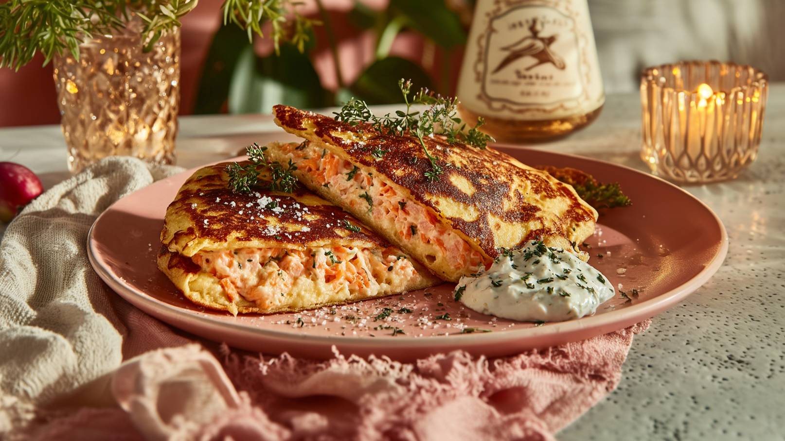 Ein zweigeteilter Pfannkuchen auf einem rosa Teller, gefüllt mit Lachs und Kräutern. Daneben liegt ein Klecks Joghurtsauce, garniert mit frischen Kräutern. Im Hintergrund sind dekorative Elemente wie Gläser und eine Kerze zu sehen, die eine gemütliche Atmosphäre schaffen.