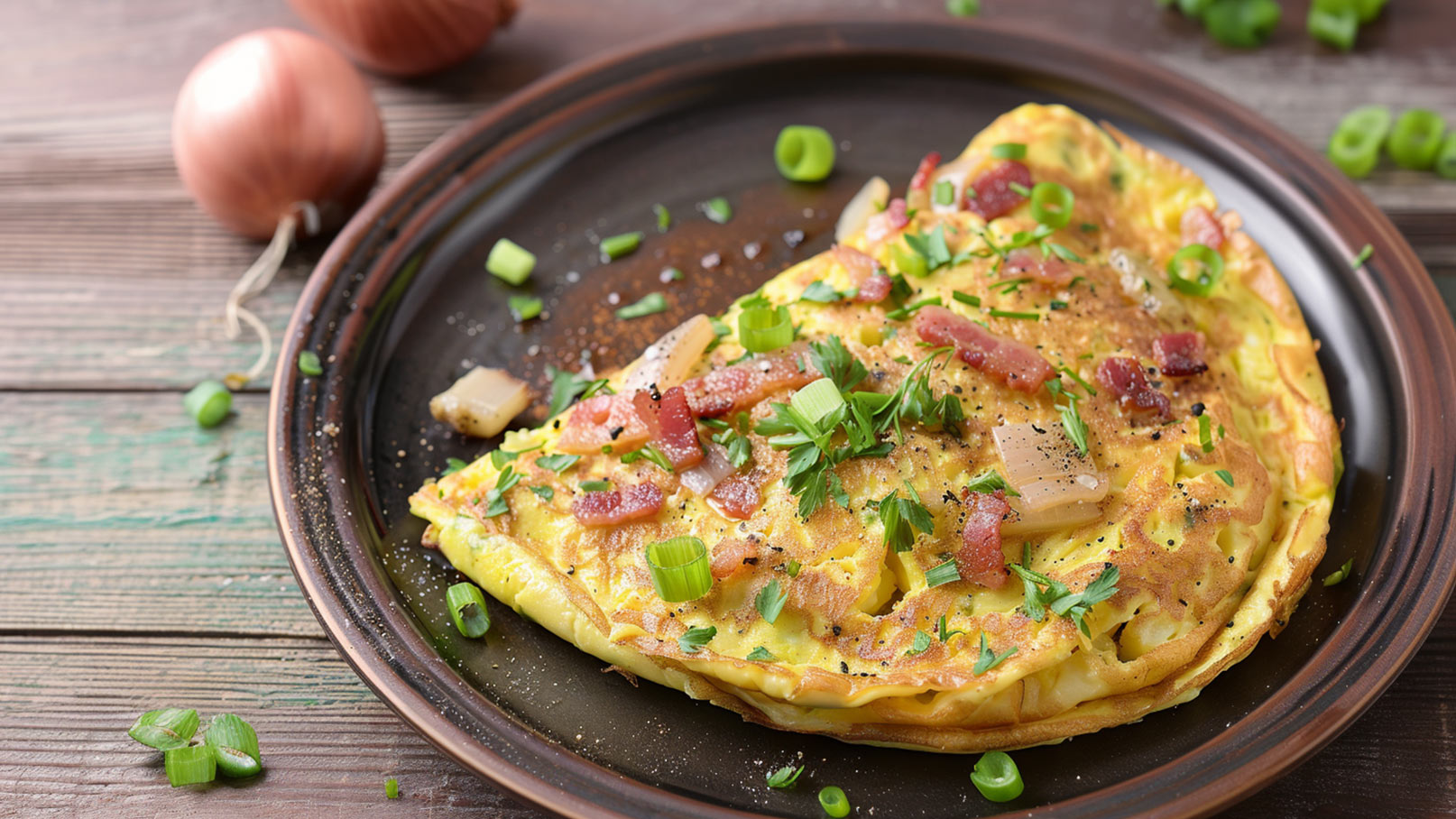 Ein brauner Teller mit einer groß gefalteten Omelette, die mit gebratenem Speck, gehackten Zwiebeln und frischen Kräutern garniert ist. Um die Omelette liegen einige gehackte grüne Zwiebeln. Der Hintergrund ist aus rustikalem Holz.