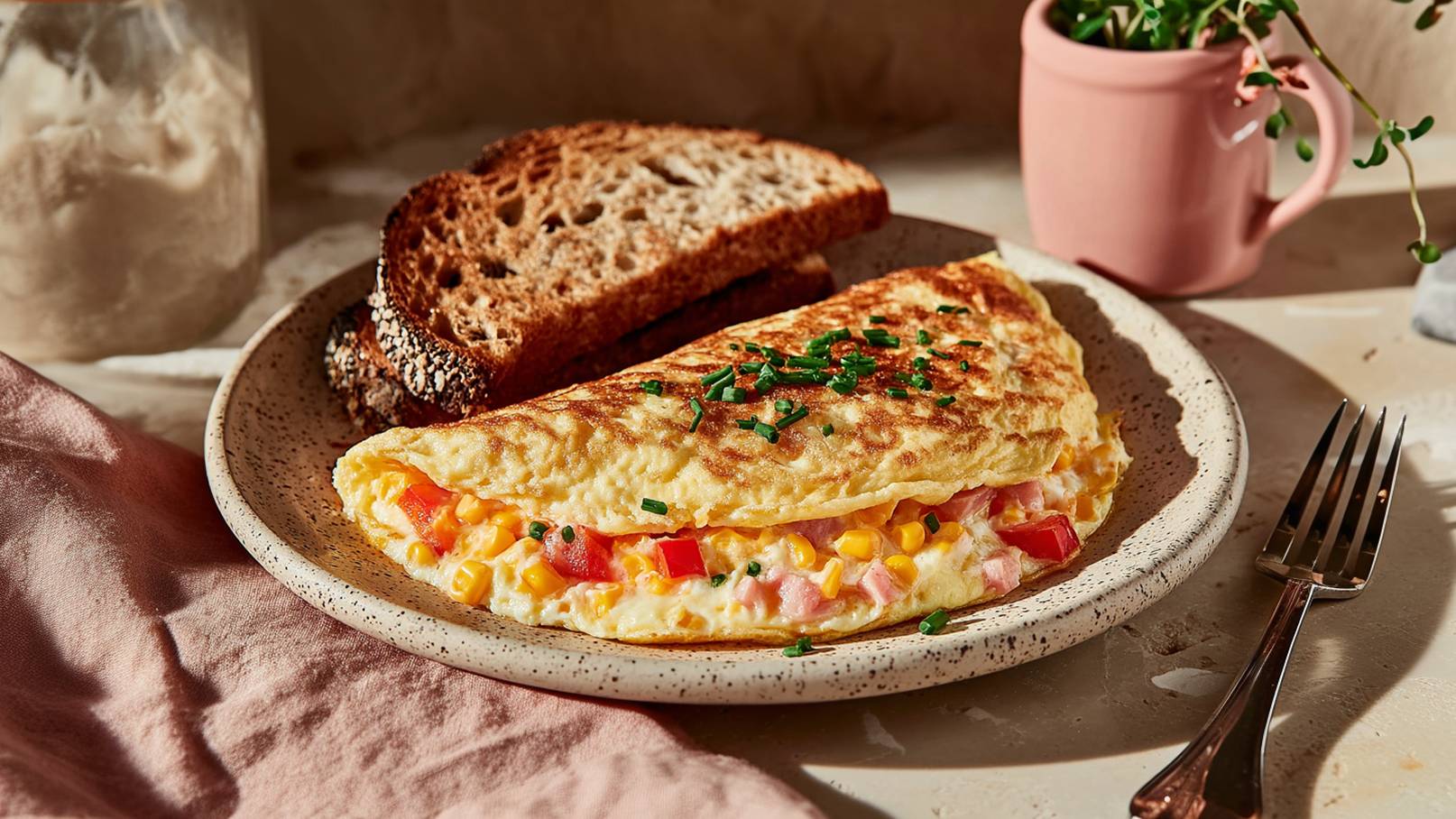 Ein Teller mit einer gefüllten Omelette, die mit Paprika, Mais und Kräutern garniert ist. Daneben liegen zwei Scheiben Vollkornbrot. Im Hintergrund befindet sich eine Blume in einem kleinen Topf. Das Bild hat eine warme, einladende Atmosphäre.