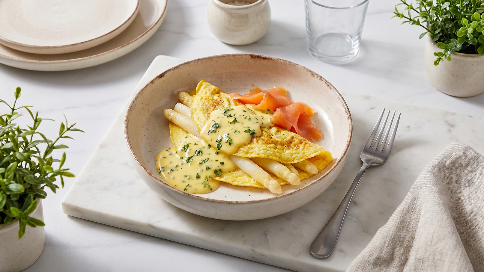 Ein Teller mit einem Omelett, garniert mit Spargel, Lachs und einer hellen Soße. Das Gericht ist auf einem weißen Marmoruntergrund angerichtet, umgeben von kleinen Pflanzen und Geschirr.