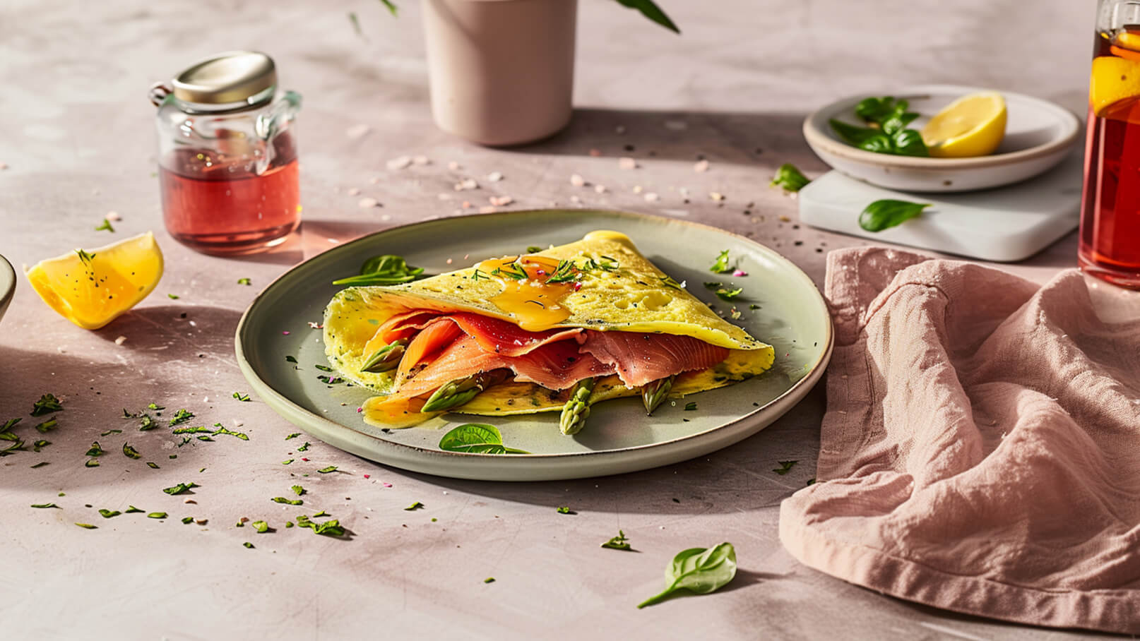 Ein gefalteter Omelett auf einem Teller, gefüllt mit Lachs und Spargel. Die Oberfläche ist mit einem frischen Eigelb und Kräutern garniert. Daneben liegt ein Stück Zitrone und einige grüne Blätter. Im Hintergrund ist ein Glas mit einem Getränk zu sehen.