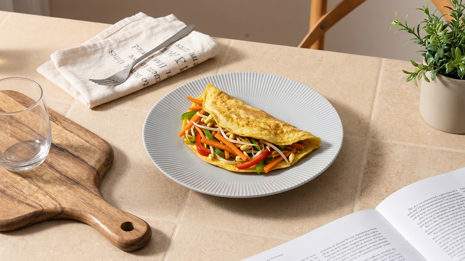 Ein Teller mit einer Omlett-Füllung aus buntem Gemüse, darunter Paprika und Sprossen, liegt auf einem hellen Tisch. Rechts steht ein offenes Buch und links liegt ein Glas, daneben ein Holzbrett.