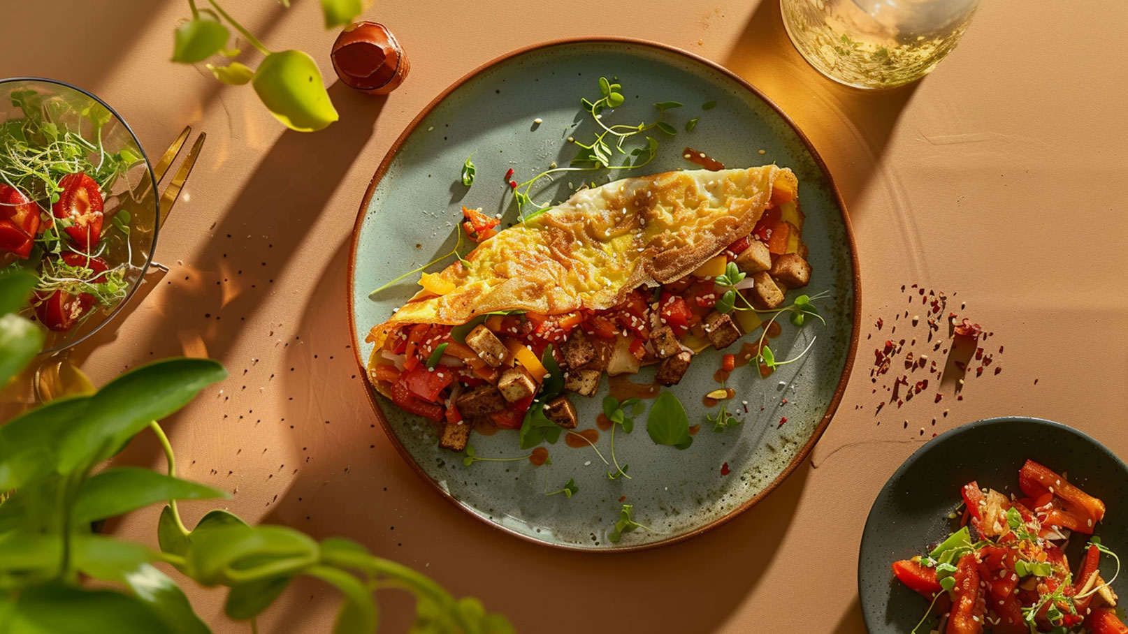 Ein Teller mit einem herzhaften Omelett, gefüllt mit buntem Gemüse wie Paprika und Tomaten, ist in der Mitte des Bildes. Daneben befindet sich eine Schüssel mit frischen Tomaten und Sprossen. Der Tisch hat einen warmen Farbton und ist minimal dekoriert.
