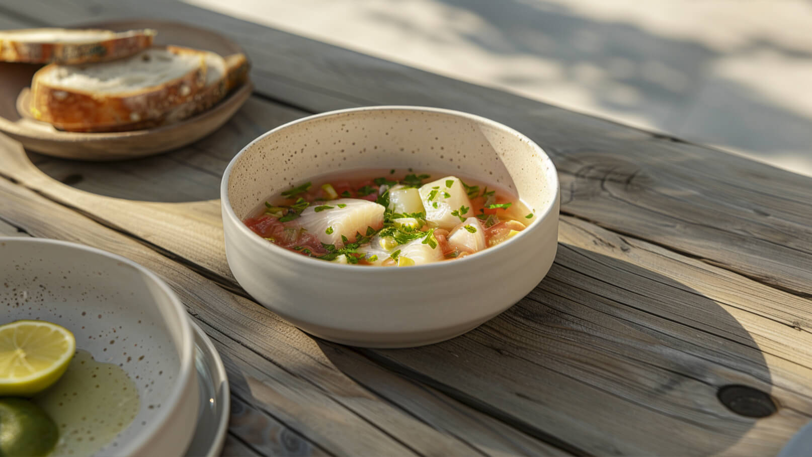 Eine helle Schüssel mit einer klaren Brühe ist gefüllt mit Fischstücken, Gemüse und frischen Kräutern. Im Hintergrund sind ein Teller mit Brot und eine Schüssel mit Limetten zu sehen. Der Tisch besteht aus Holz und vermittelt eine einladende Atmosphäre.