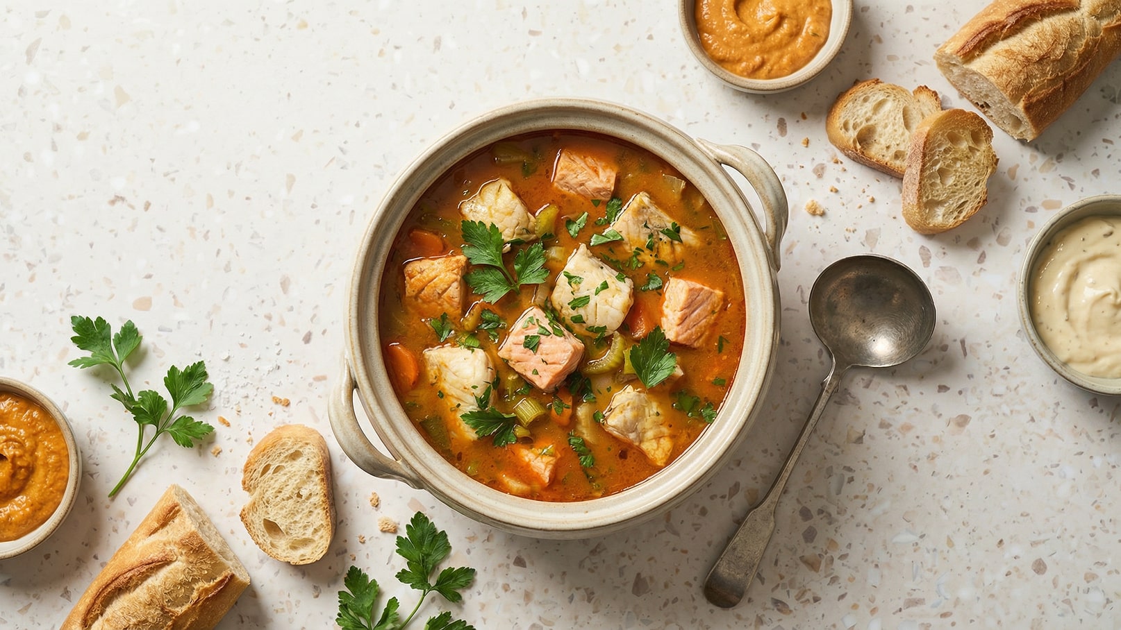 Eine Schüssel mit Fischsuppe, gefüllt mit stückigem Fisch, Gemüse und frischer Petersilie, steht auf einem hellen Tisch. Neben der Schüssel liegen Stücke von Brot und Schalen mit Saucen. Ein Löffel ist ebenfalls in der Nähe.